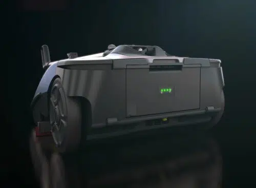 Battery-powered floor mop with dryer (handle folded down)